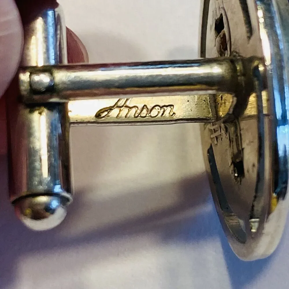 Vintage Anson Cufflinks Silvertone & Blue Jelly Belly Polished Stone Centers